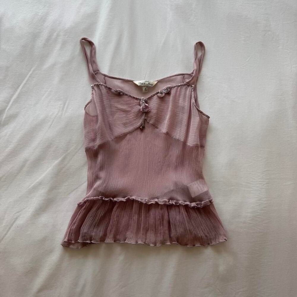 Pink mary pink ribbed  tank top with ruffled hem and beaded details